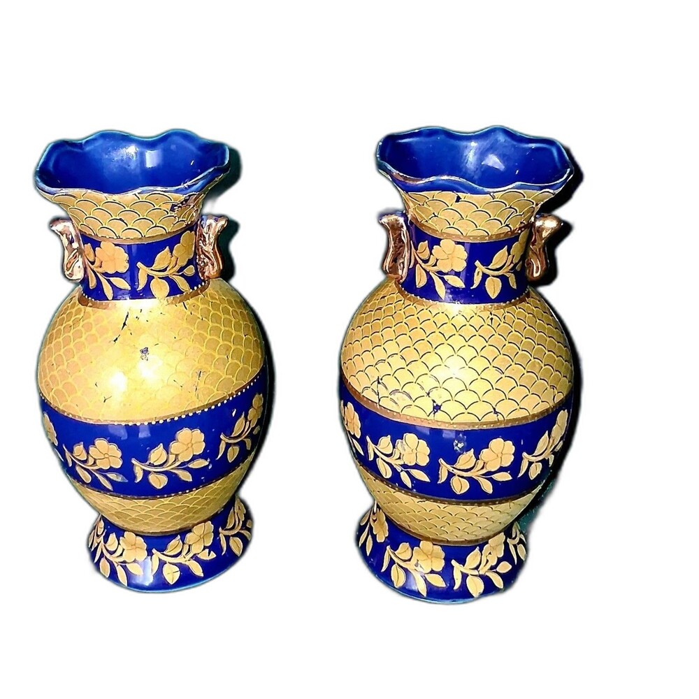 Pair Of Vintage Satsuma Vase 6 Inch Cobalt Blue And Gold Marked On Bottom